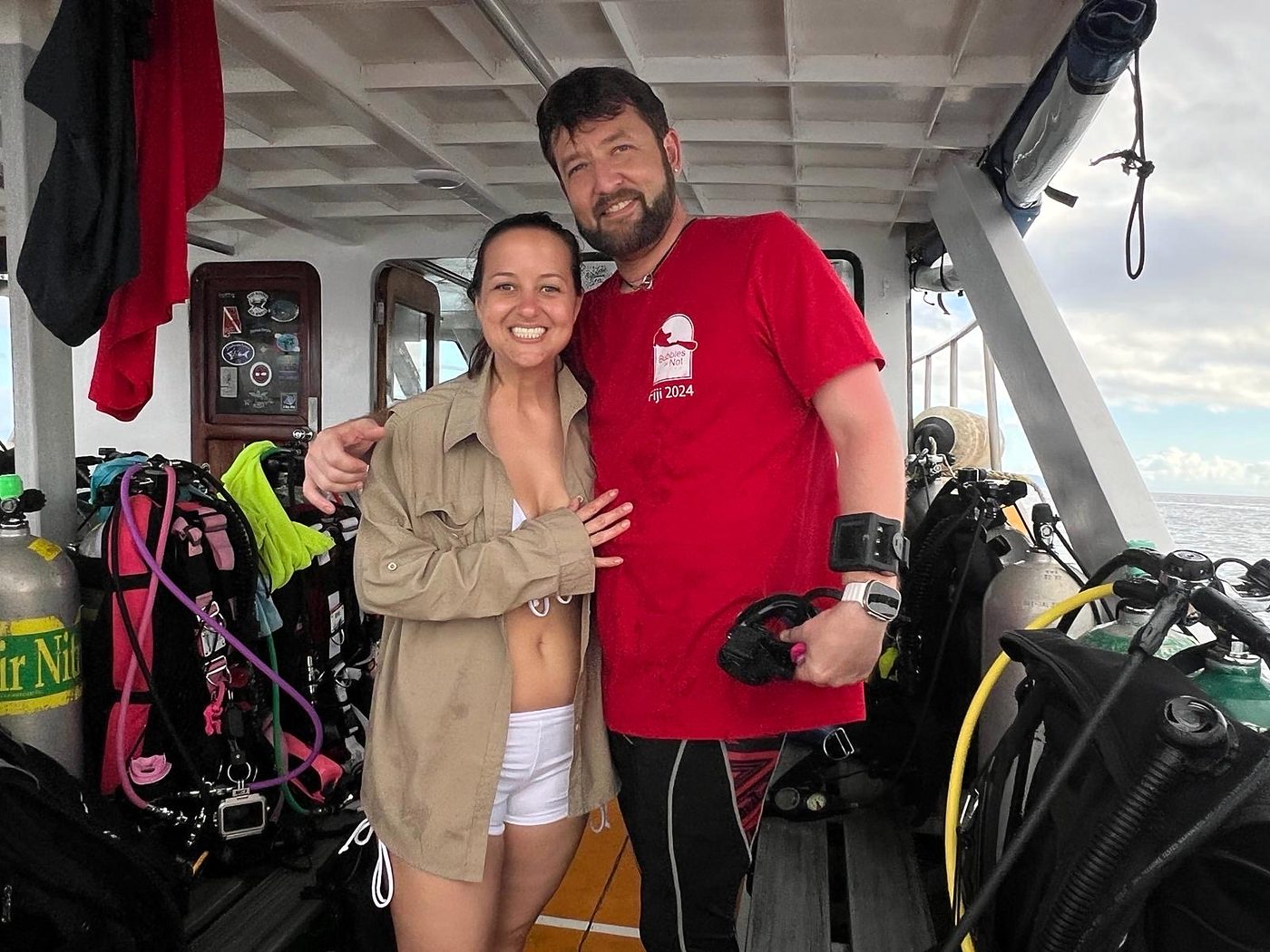 Eric and Allie on the dive boat deck, Fiji 2024