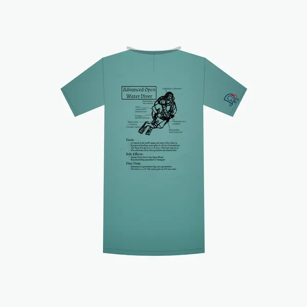 Advanced Open Water Diver Certified-ish shirt in teal, mockup: the full design on the back