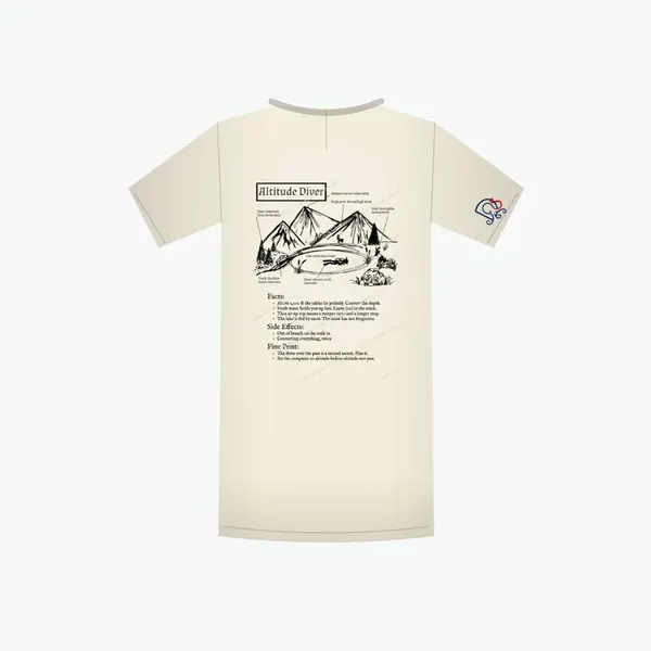 Altitude Diver Certified-ish shirt in ivory, mockup: the full design on the back