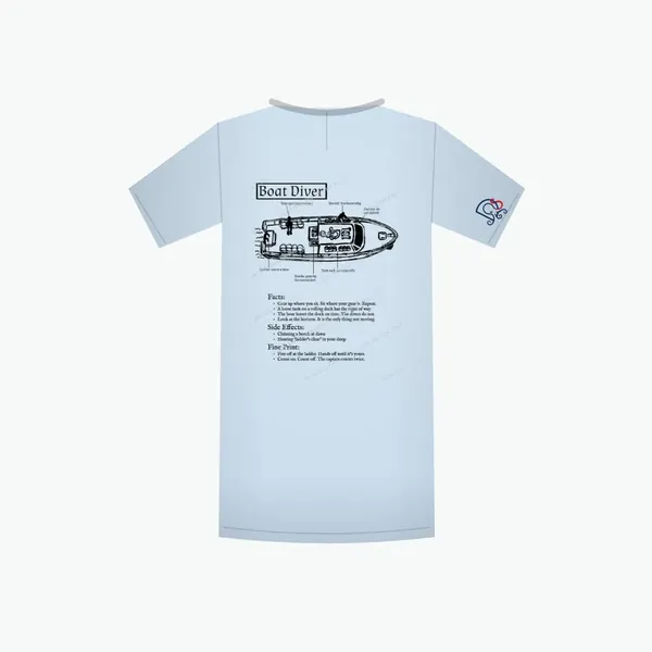 Boat Diver Certified-ish shirt in light blue, mockup: the full design on the back