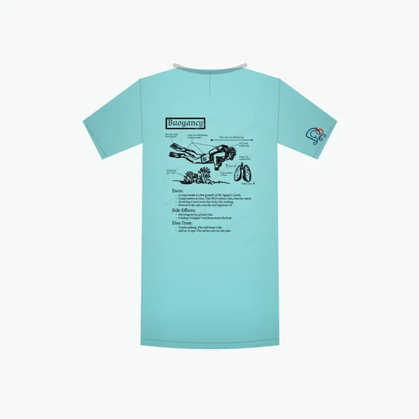 Buoyancy Certified-ish shirt in aqua, mockup: the full design on the back