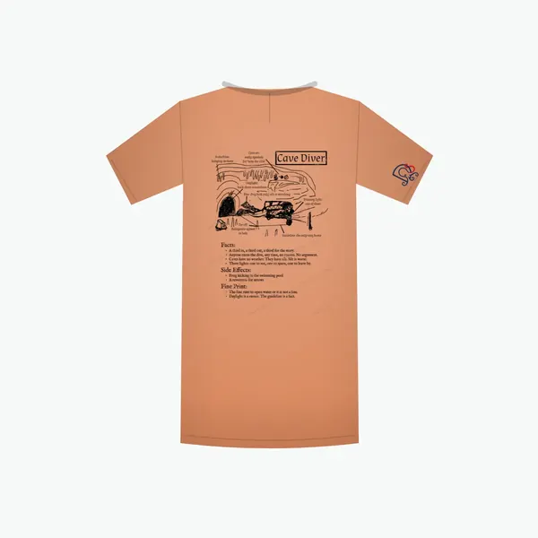 Cave Diver Certified-ish shirt in terracotta, mockup: the full design on the back