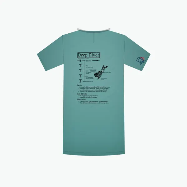 Deep Diver Certified-ish shirt in teal, mockup: the full design on the back