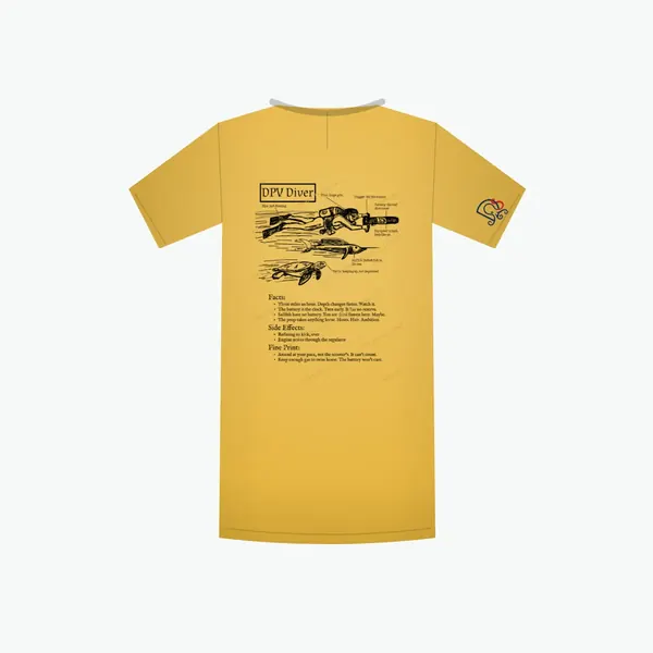 DPV Diver Certified-ish shirt in mustard, mockup: the full design on the back