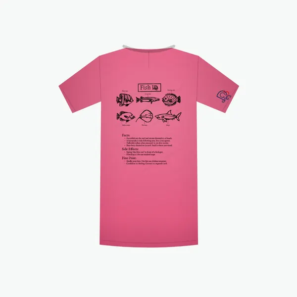 Fish ID Certified-ish shirt in berry pink, mockup: the full design on the back