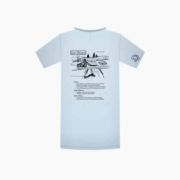 Ice Diver Certified-ish shirt in light blue, mockup: the full design on the back
