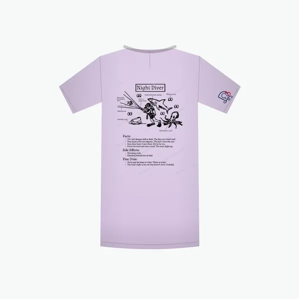 Night Diver Certified-ish shirt in lavender, mockup: the full design on the back