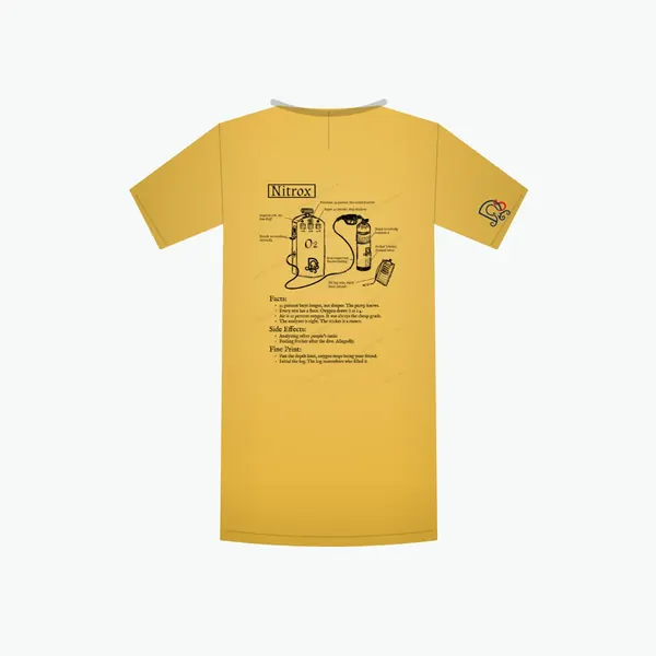 Nitrox Certified-ish shirt in mustard, mockup: the full design on the back