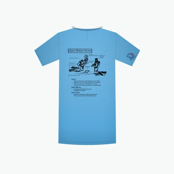 Open Water Diver Certified-ish shirt in caribbean blue, mockup: the full design on the back