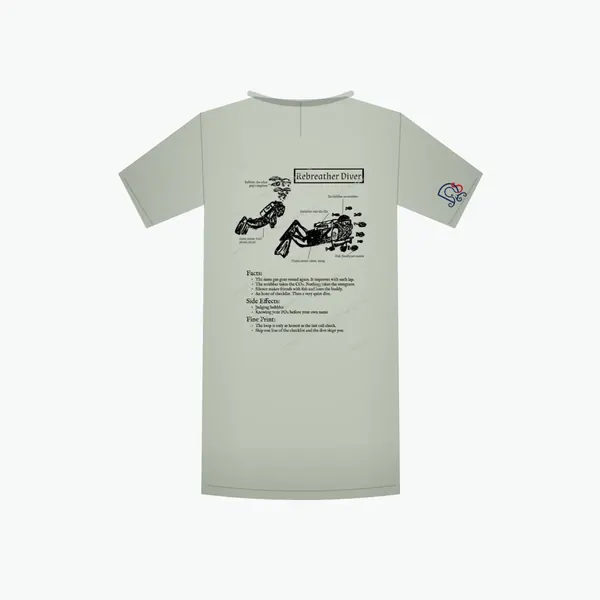 Rebreather Diver Certified-ish shirt in sage, mockup: the full design on the back