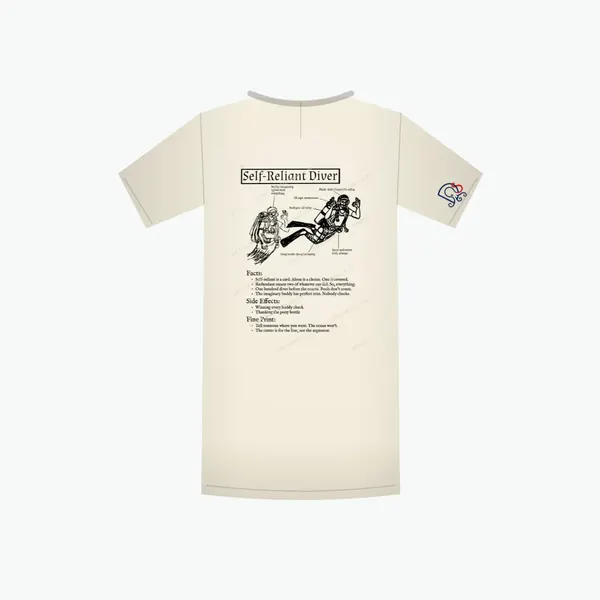Self-Reliant Diver Certified-ish shirt in ivory, mockup: the full design on the back