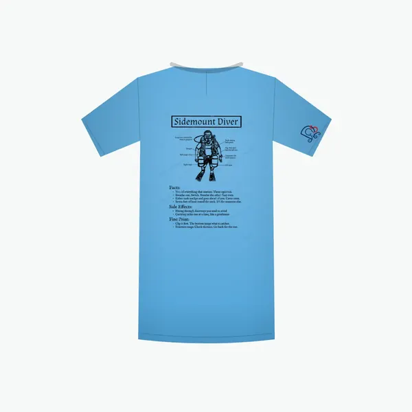 Sidemount Diver Certified-ish shirt in caribbean blue, mockup: the full design on the back