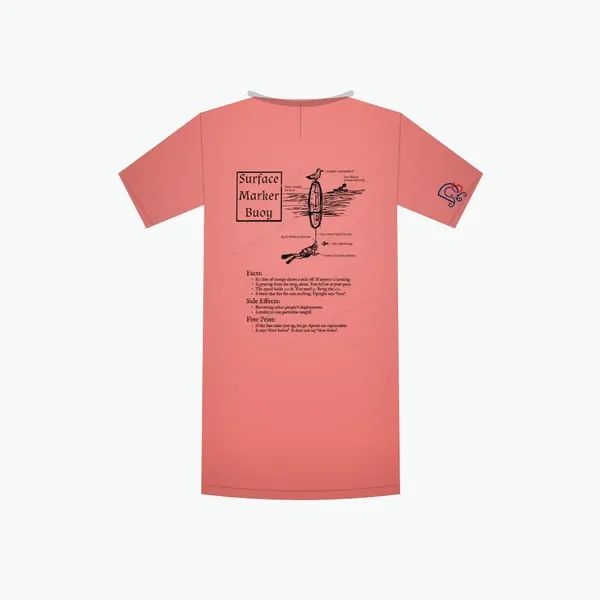 Surface Marker Buoy Certified-ish shirt in coral, mockup: the full design on the back