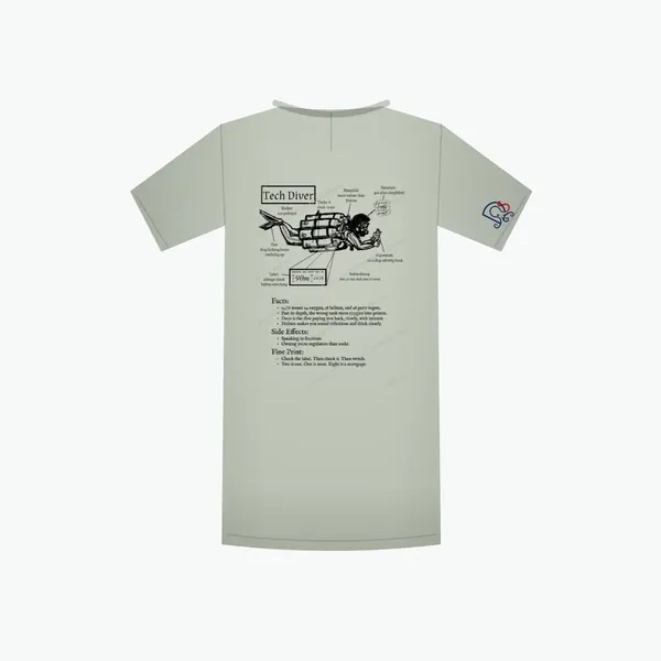 Tech Diver Certified-ish shirt in sage, mockup: the full design on the back
