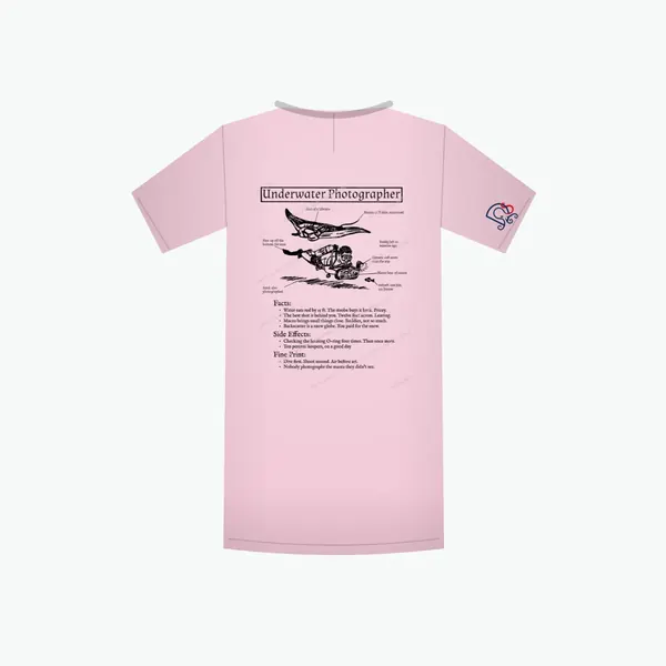 Underwater Photographer Certified-ish shirt in pink, mockup: the full design on the back