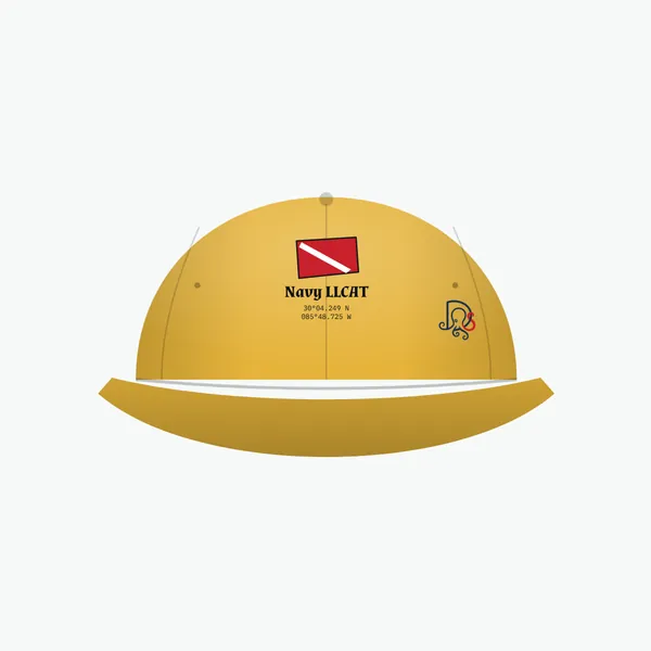 Navy LLCAT cap, mustard dad cap: site block on the front