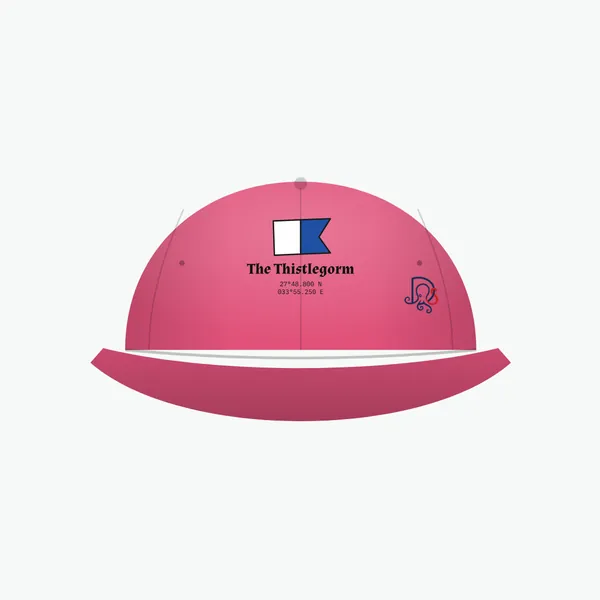 The Thistlegorm cap, berry pink dad cap: site block on the front