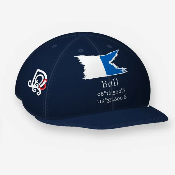 Bali cap, navy Flexfit 6277: the site block in white on the front, DS mark embroidered on the side