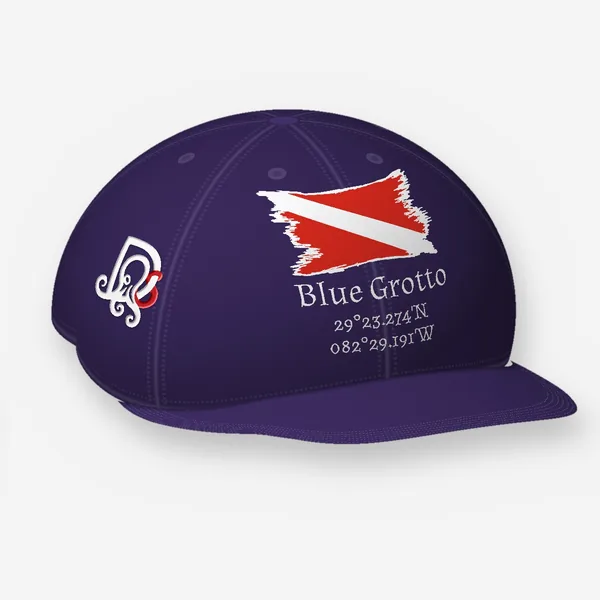 Blue Grotto cap, purple Flexfit 6277: the site block in white on the front, DS mark embroidered on the side