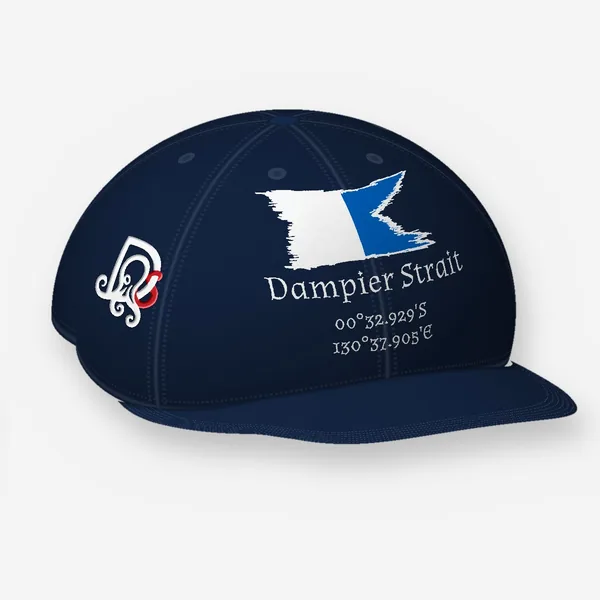 Dampier Strait cap, navy Flexfit 6277: the site block in white on the front, DS mark embroidered on the side