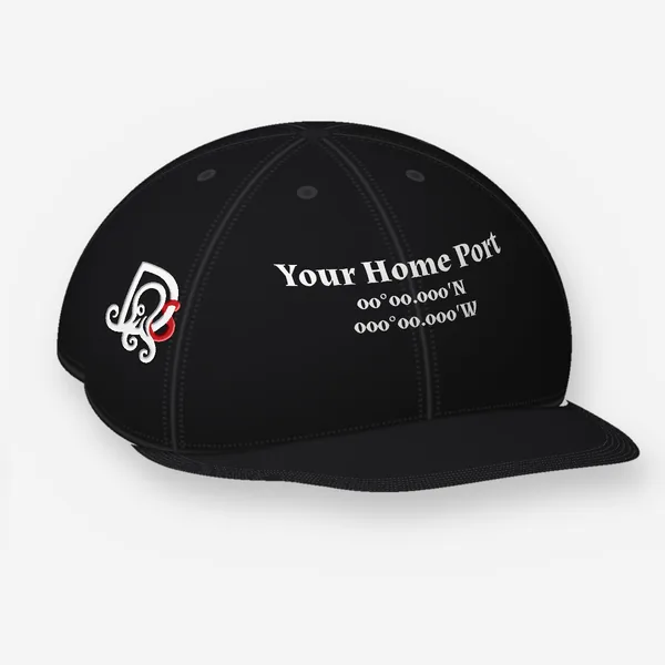 Home Port cap, black Flexfit 6277: your port and coordinates printed in white on the front, DS mark embroidered on the side