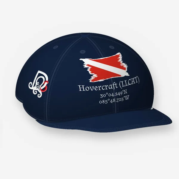 Navy LLCAT cap, navy Flexfit 6277: the site block in white on the front, DS mark embroidered on the side