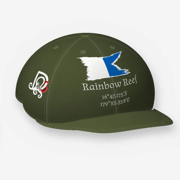 Rainbow Reef cap, olive Flexfit 6277: the site block in white on the front, DS mark embroidered on the side