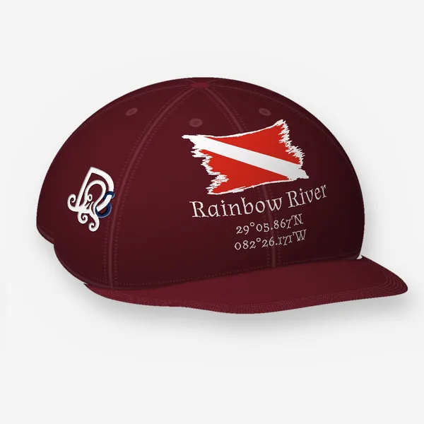 Rainbow River cap, maroon Flexfit 6277: the site block in white on the front, DS mark embroidered on the side