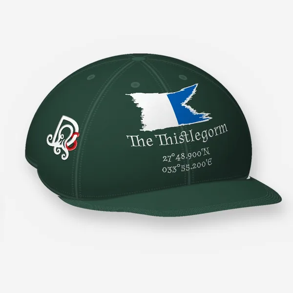 The Thistlegorm cap, spruce Flexfit 6277: the site block in white on the front, DS mark embroidered on the side