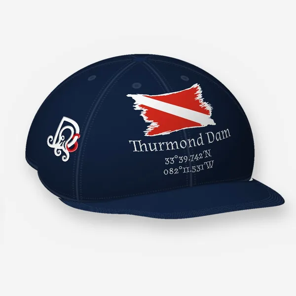Thurmond Dam cap, navy Flexfit 6277: the site block in white on the front, DS mark embroidered on the side