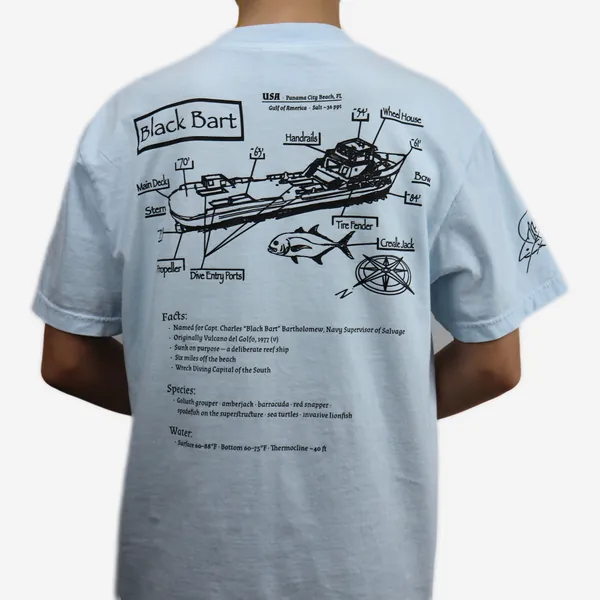 Black Bart shirt in light blue, back view