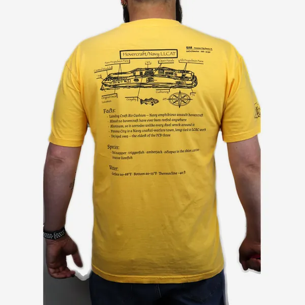 Navy LLCAT shirt in mustard, back view
