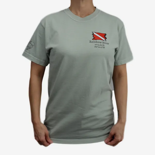 Rainbow River shirt in sage, front view