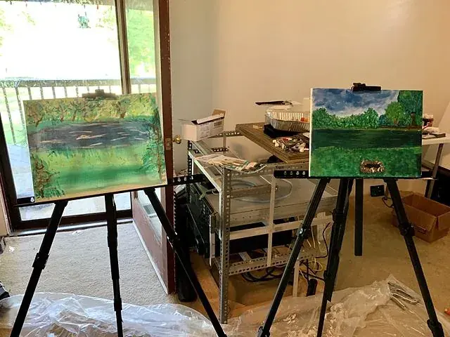 Easel and canvases, 2020