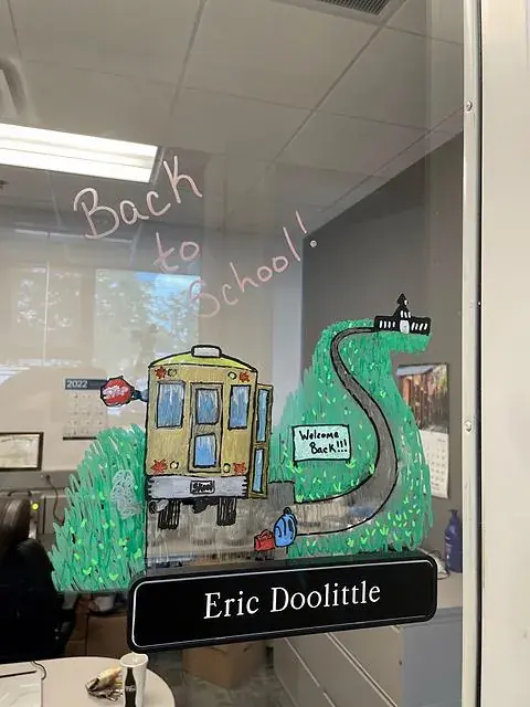 Office door: the bus