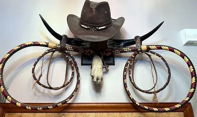 Hat rack: longhorn, two bullwhips and a wolf paw